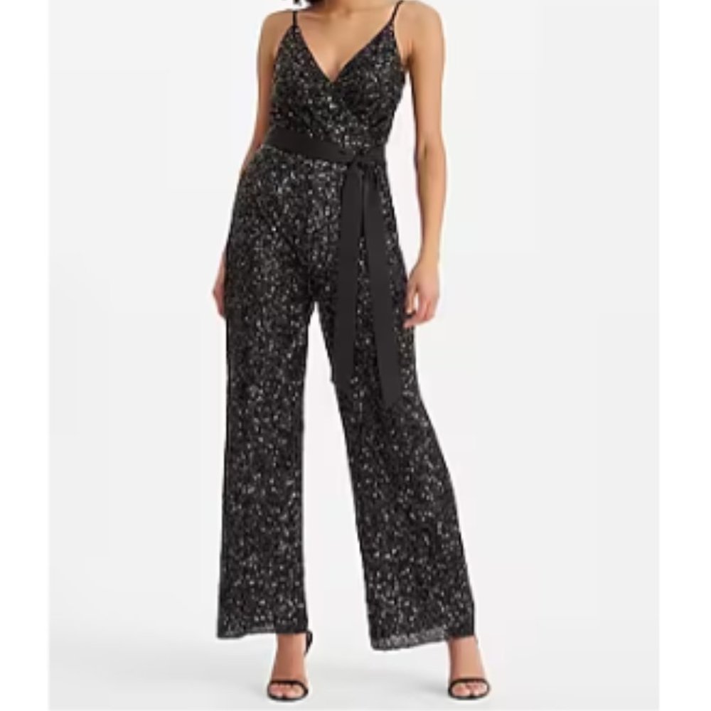 Sequin V-Neck Tie Waist Wide Leg Jumpsuit Express